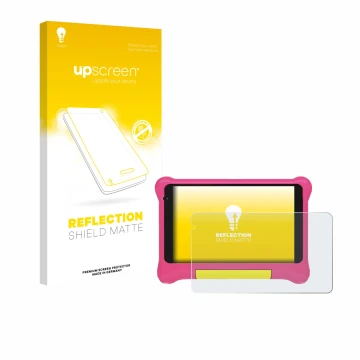 Front side of a product packaging with the brand logo upscreen. Next to it is the device Happybe Kids Tablet 7