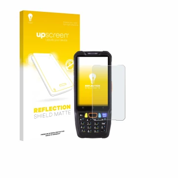 Front side of a product packaging with the brand logo upscreen. Next to it is the device Point Mobile PM68 shown with the corr