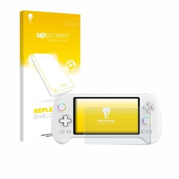 Front side of a product packaging with the brand logo upscreen. Next to it is the device Anbernic RG557 shown with the corresp