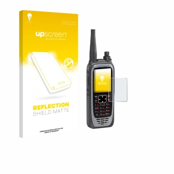 Front side of a product packaging with the brand logo upscreen. Next to it is the device Icom IC-A25NE /IC-A25CE shown with th