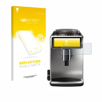 Front side of a product packaging with the brand logo upscreen. Next to it is the device Philips Saeco Xelsis Suprema shown wi