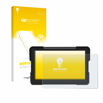 Front side of a product packaging with the brand logo upscreen. Next to it is the device Airpuxem Motorrad Carplay 7