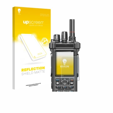 Front side of a product packaging with the brand logo upscreen. Next to it is the device Radtel RT-950 Pro shown with the corr