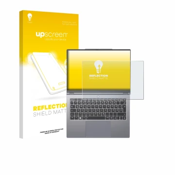 Front side of a product packaging with the brand logo upscreen. Next to it is the device Tuxedo InfinityBook Pro 14 Gen 10 sho