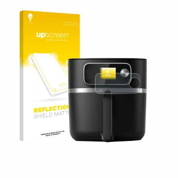 Front side of a product packaging with the brand logo upscreen. Next to it is the device Philips Airfryer HD9880/90 shown with