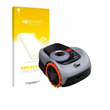 Front side of a product packaging with the brand logo upscreen. Next to it is the device Navimow i105E+ shown with the corresp