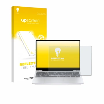 Front side of a product packaging with the brand logo upscreen. Next to it is the device HP OmniBook 7 AI 16-ay0775ng shown wi