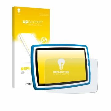 Front side of a product packaging with the brand logo upscreen. Next to it is the device Lisciani Mio Tab 10 Tutor XL shown wi