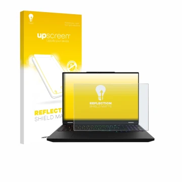 Front side of a product packaging with the brand logo upscreen. Next to it is the device XMG Apex 16 Max shown with the corres