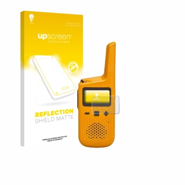 Front side of a product packaging with the brand logo upscreen. Next to it is the device Motorola Talkabout T72 shown with the