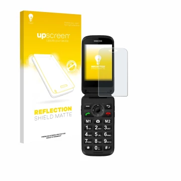 Front side of a product packaging with the brand logo upscreen. Next to it is the device Simvalley Mobile XL-970 shown with th