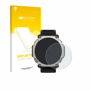 Front side of a product packaging with the brand logo upscreen. Next to it is the device Huami Amazfit T-Rex Ultra 2 shown wit