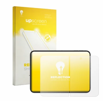 Front side of a product packaging with the brand logo upscreen. Next to it is the device Apple iPhone Duo (Inner display) show