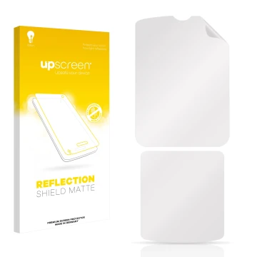 Front side of a product packaging with the brand logo upscreen. Next to it is the corresponding screen protector.