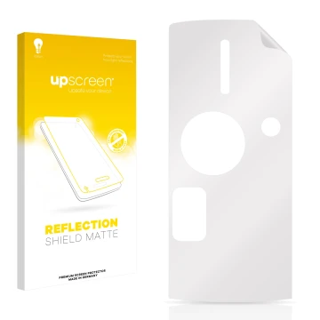 Front side of a product packaging with the brand logo upscreen. Next to it is the corresponding screen protector.