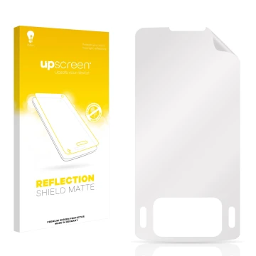 Front side of a product packaging with the brand logo upscreen. Next to it is the corresponding screen protector.
