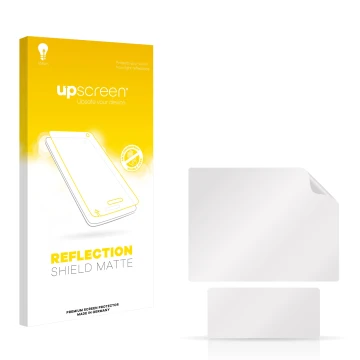 Front side of a product packaging with the brand logo upscreen. Next to it is the corresponding screen protector.