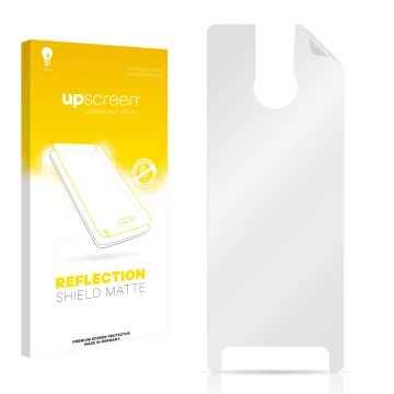 Front side of a product packaging with the brand logo upscreen. Next to it is the corresponding screen protector.