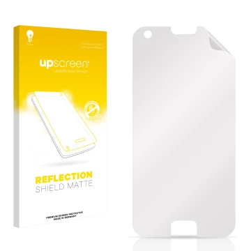 Front side of a product packaging with the brand logo upscreen. Next to it is the corresponding screen protector.