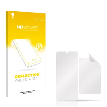 Front side of a product packaging with the brand logo upscreen. Next to it is the corresponding screen protector.
