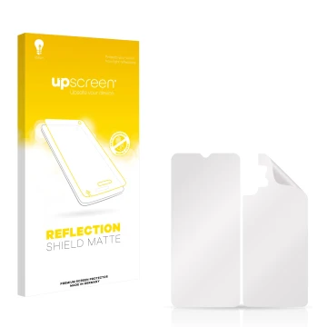 Front side of a product packaging with the brand logo upscreen. Next to it is the corresponding screen protector.