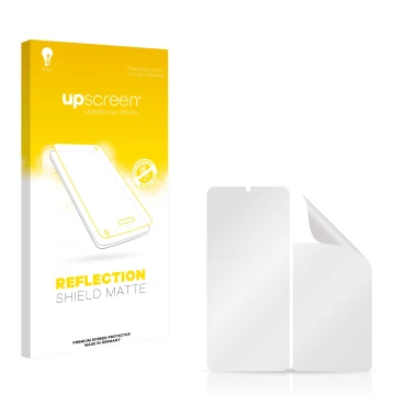 Front side of a product packaging with the brand logo upscreen. Next to it is the corresponding screen protector.