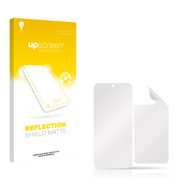 Front side of a product packaging with the brand logo upscreen. Next to it is the corresponding screen protector.