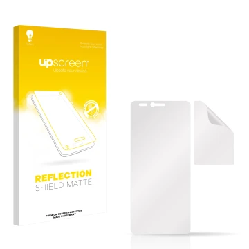 Front side of a product packaging with the brand logo upscreen. Next to it is the corresponding screen protector.