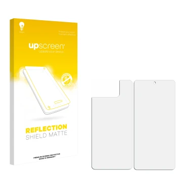 Front side of a product packaging with the brand logo upscreen. Next to it is the corresponding screen protector.