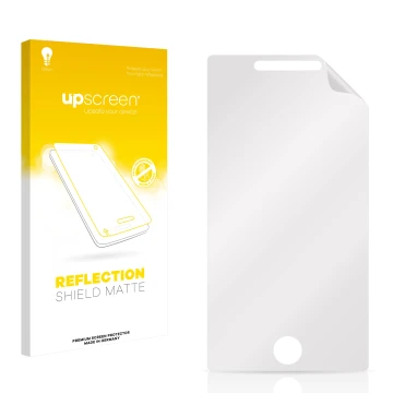 Front side of a product packaging with the brand logo upscreen. Next to it is the corresponding screen protector.