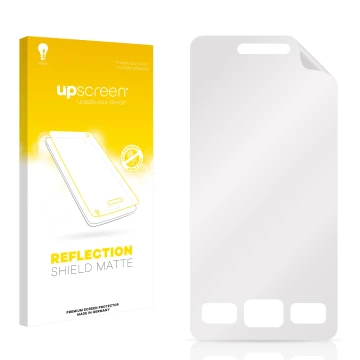 Front side of a product packaging with the brand logo upscreen. Next to it is the corresponding screen protector.