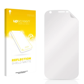 Front side of a product packaging with the brand logo upscreen. Next to it is the corresponding screen protector.