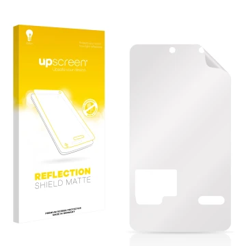 Front side of a product packaging with the brand logo upscreen. Next to it is the corresponding screen protector.