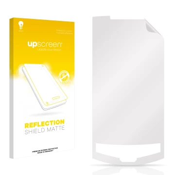 Front side of a product packaging with the brand logo upscreen. Next to it is the corresponding screen protector.