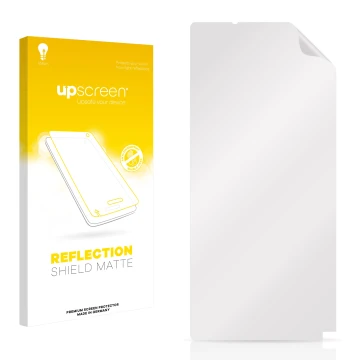 Front side of a product packaging with the brand logo upscreen. Next to it is the corresponding screen protector.