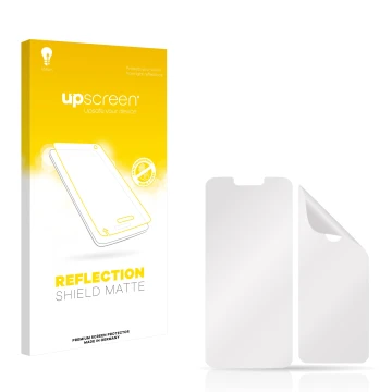 Front side of a product packaging with the brand logo upscreen. Next to it is the corresponding screen protector.