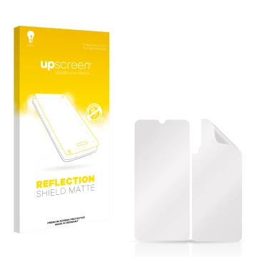 Front side of a product packaging with the brand logo upscreen. Next to it is the corresponding screen protector.