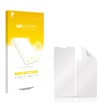 Front side of a product packaging with the brand logo upscreen. Next to it is the corresponding screen protector.