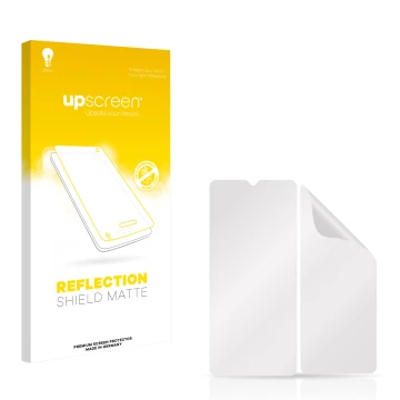 Front side of a product packaging with the brand logo upscreen. Next to it is the corresponding screen protector.