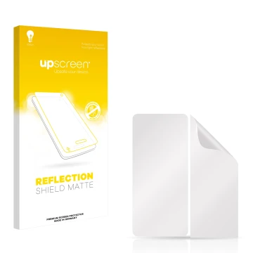 Front side of a product packaging with the brand logo upscreen. Next to it is the corresponding screen protector.