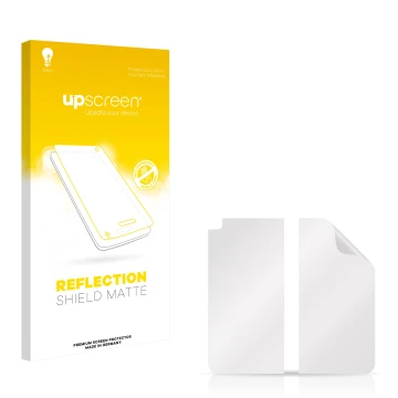 Front side of a product packaging with the brand logo upscreen. Next to it is the corresponding screen protector.