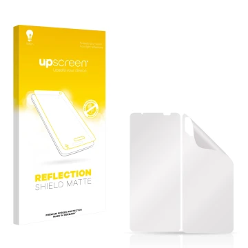 Front side of a product packaging with the brand logo upscreen. Next to it is the corresponding screen protector.