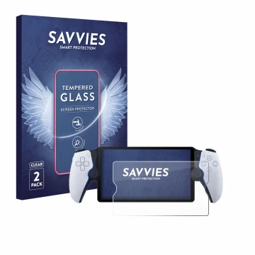 Front side of a product packaging with the brand logo Savvies. Next to it is the device Sony Playstation Portal shown with the