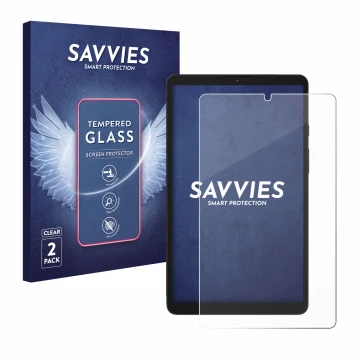 Front side of a product packaging with the brand logo Savvies. Next to it is the device Samsung Galaxy Tab A9 WiFi shown with 