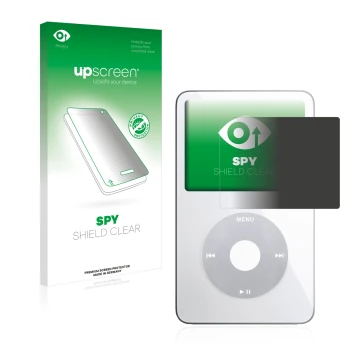 Front side of a product packaging with the brand logo upscreen. Next to it is the device Apple iPod classic video Display (5th
