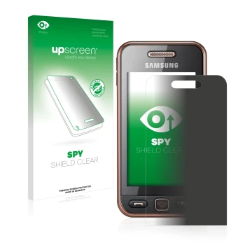 Front side of a product packaging with the brand logo upscreen. Next to it is the device Samsung GT-S5230 shown with the corre