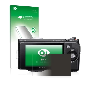 Front side of a product packaging with the brand logo upscreen. Next to it is the device Sony Alpha NEX-5 shown with the corre