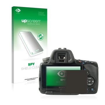 Front side of a product packaging with the brand logo upscreen. Next to it is the device Sony Alpha 55 (SLT-A55V) shown with t