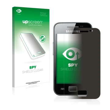 Front side of a product packaging with the brand logo upscreen. Next to it is the device Samsung Galaxy Ace S5830 shown with t