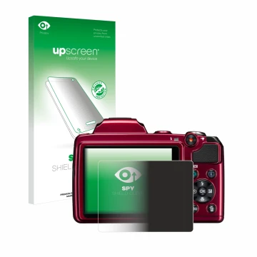 Front side of a product packaging with the brand logo upscreen. Next to it is the device Nikon Coolpix L120 shown with the cor
